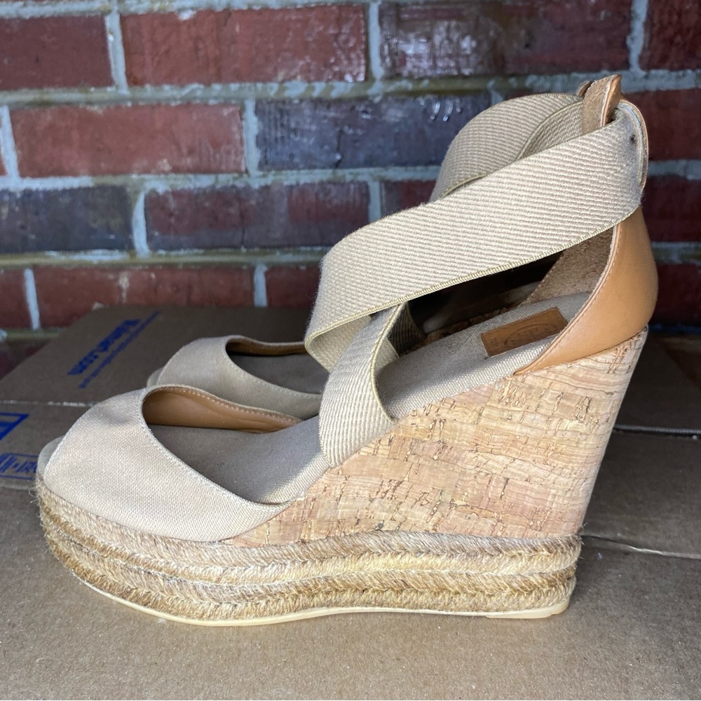 Tory Burch Peep-Toe Tan Wedge - 9.5